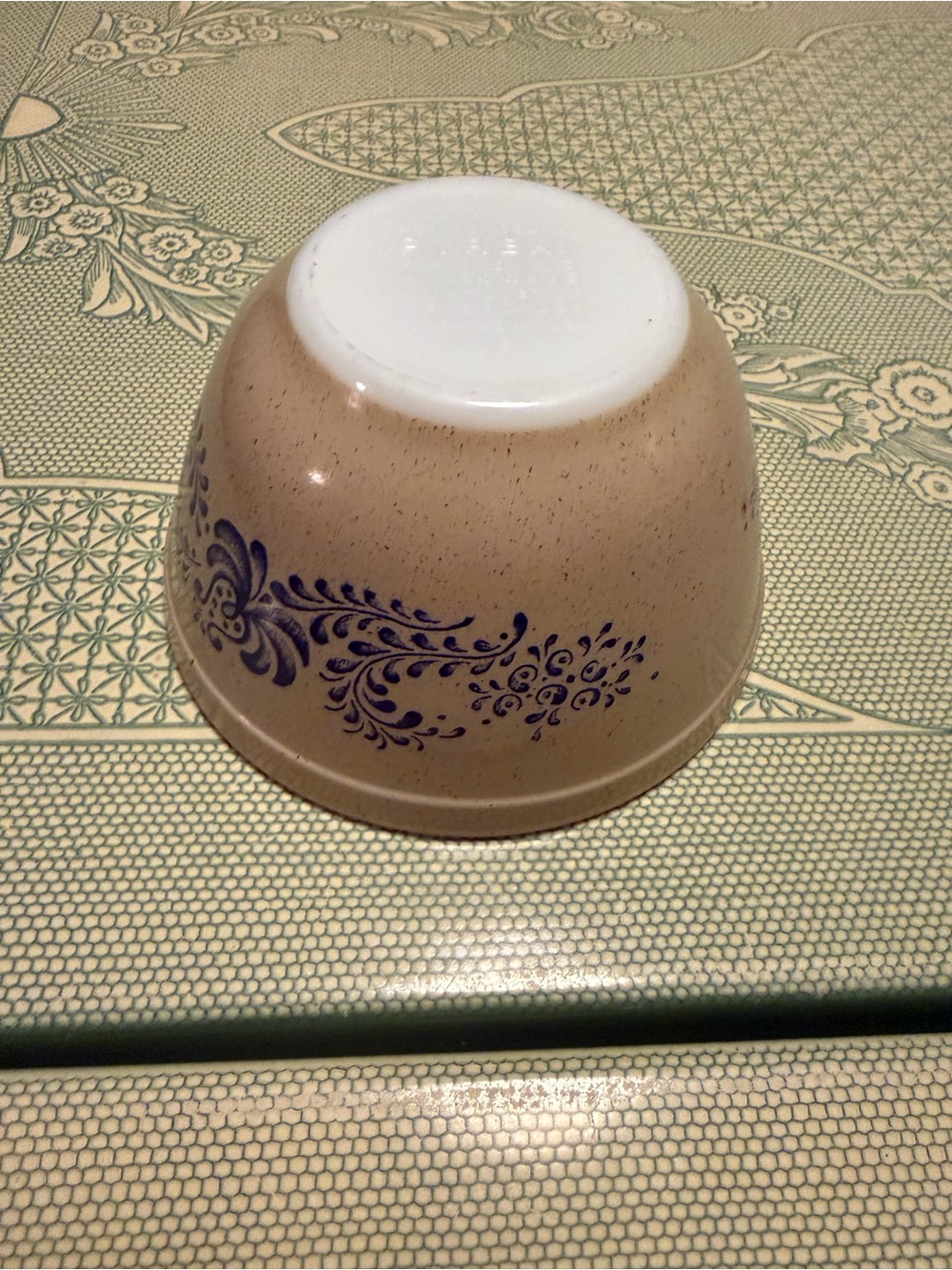 Vintage Pyrex Tan Mixing Bowl with Blue Floral Scroll